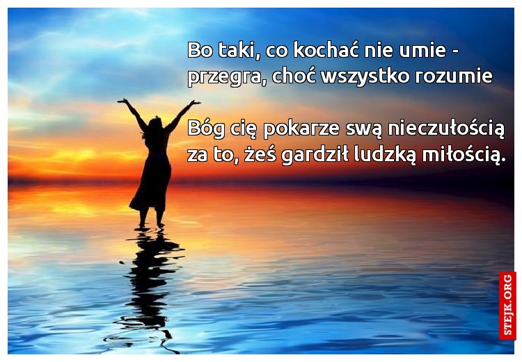 Bo taki, co kochać nie umie - przegra, choć wszystko rozumie                                                                Bóg cię pokarze swą nieczułością za to, żeś gardził ludzką miłością.