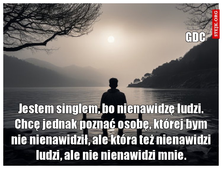 Jestem singlem, bo nienawidzę ludzi. Chcę jednak poznać osobę, której bym nie nienawidził, ale która też nienawidzi ludzi, ale nie nienawidzi mnie.