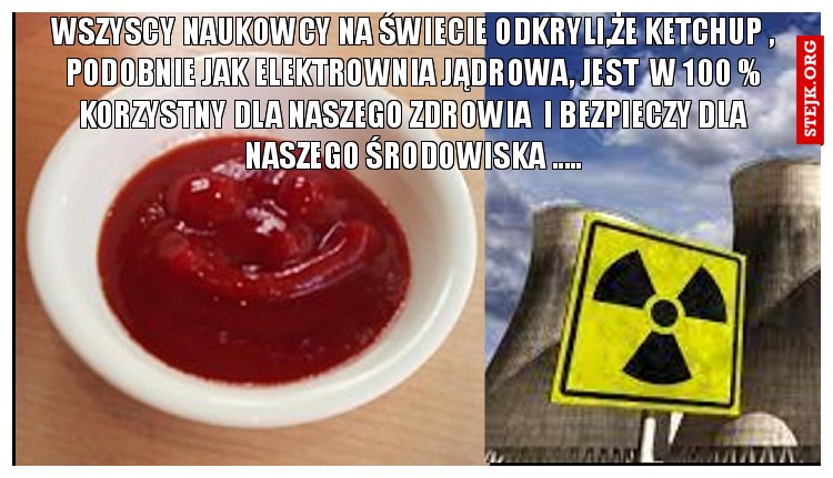 WSZYSCY NAUKOWCY NA ŚWIECIE ODKRYLI,ŻE KETCHUP , PODOBNIE JAK ELEKTROWNIA JĄDROWA, JEST  W 100 % KORZYSTNY DLA NASZEGO ZDROWIA  I BEZPIECZY DLA NASZEGO ŚRODOWISKA .....