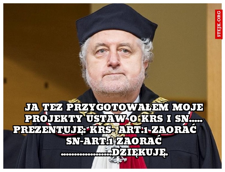 Ja tez przygotowałem moje projekty ustaw o KRS i SN..... prezentuję: KRS- Art.1 Zaorać      SN-Art.1 Zaorać ...................Dziękuję.