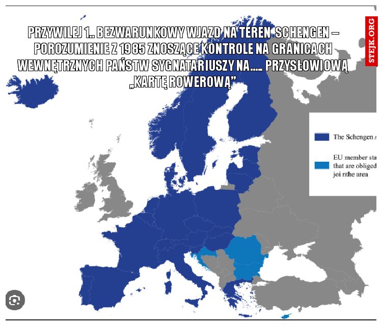 Przywilej 1.. Bezwarunkowy wjazd na teren  Schengen – porozumienie z 1985 znoszące kontrole na granicach wewnętrznych państw sygnatariuszy na..... przysłowiową ,,kartę rowerową”