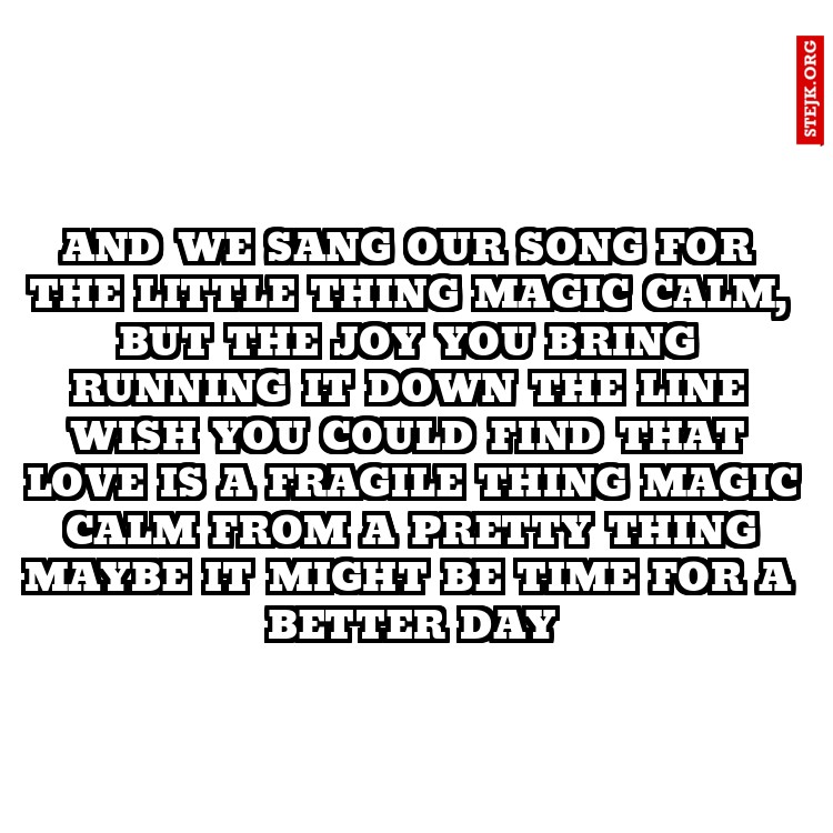 And we sang our song for the little thing Magic calm, but the joy you bring Running it down the line Wish you could find that love is a fragile thing Magic calm from a pretty thing Maybe it might be time For a better day