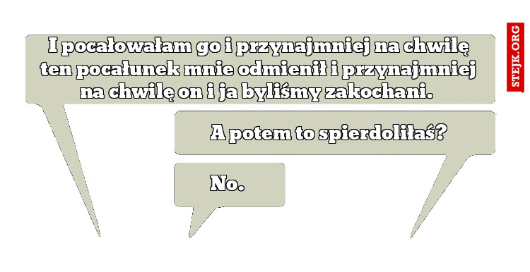 I pocałowałam go i przynajmniej na chwilę ten pocałunek mnie odmienił i przynajmniej na chwilę on i ja byliśmy zakochani. 