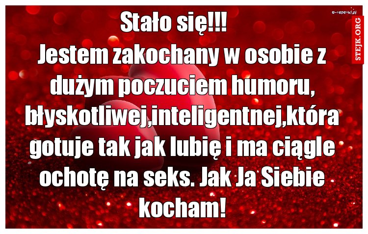 Jestem zakochany w osobie z dużym poczuciem humoru, błyskotliwej,inteligentnej,która gotuje tak jak lubię i ma ciągle ochotę na seks. Jak Ja Siebie kocham!