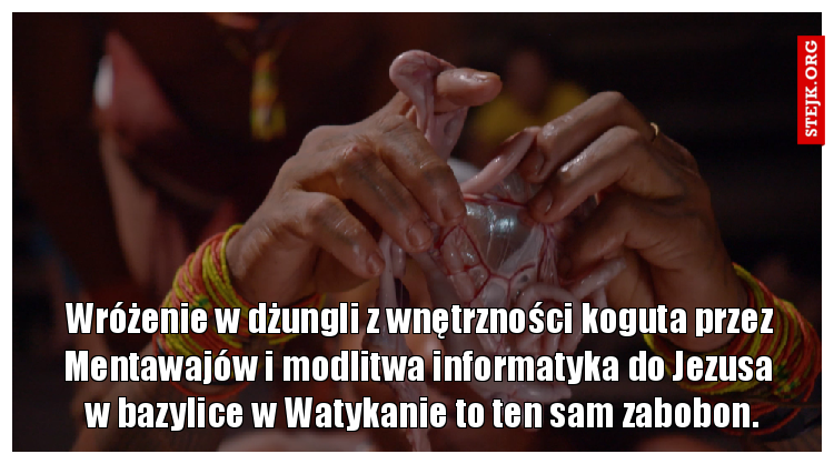       Wróżenie w dżungli z wnętrzności koguta przez           Mentawajów i modlitwa informatyka do Jezusa        w bazylice w Watykanie to ten sam zabobon.