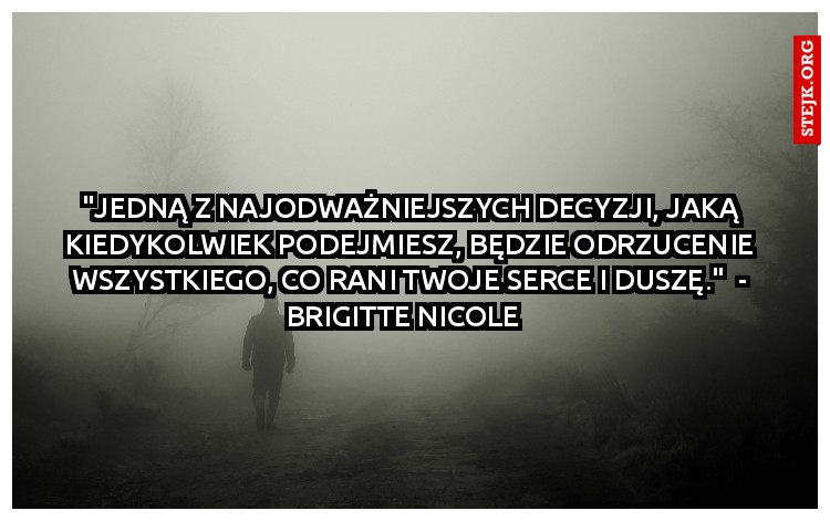 "Jedną z najodważniejszych decyzji, jaką kiedykolwiek podejmiesz, będzie odrzucenie wszystkiego, co rani twoje serce i duszę."  - Brigitte Nicole  