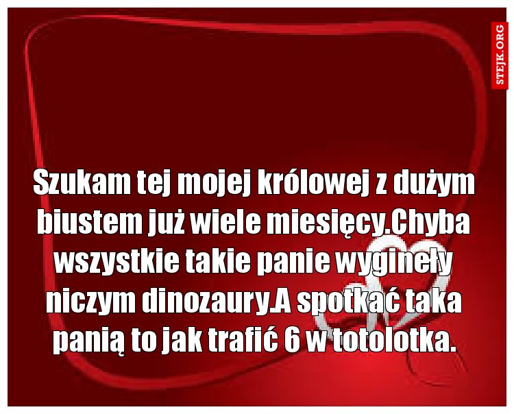 Szukam tej mojej królowej z dużym biustem już wiele miesięcy.Chyba wszystkie takie panie wygineły niczym dinozaury.A spotkać taka panią to jak trafić 6 w totolotka.