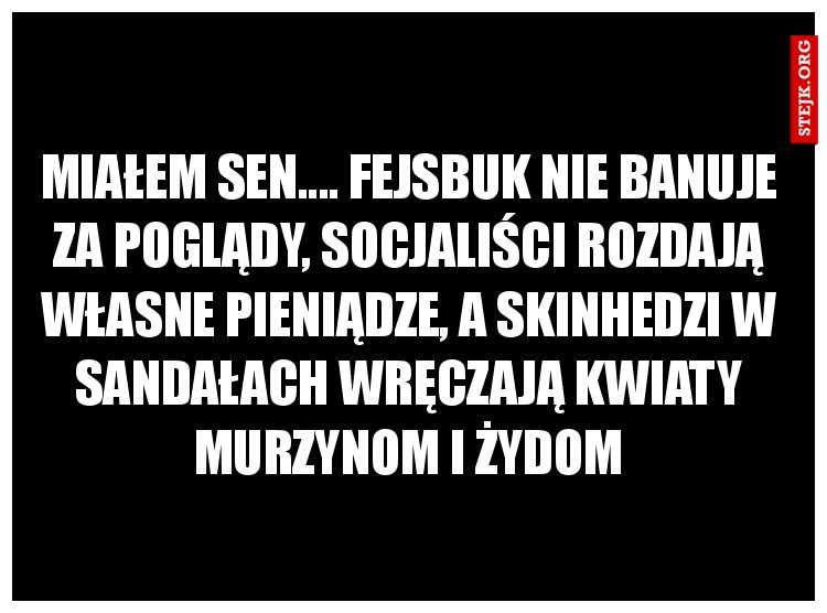 Miałem sen.... fejsbuk nie banuje za poglądy, socjaliści rozdają własne pieniądze, a skinhedzi w sandałach wręczają kwiaty Murzynom I Żydom