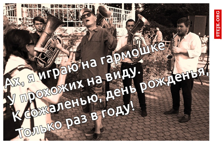 Ах, я играю на гармошке           У прохожих на виду.                     К сожаленью, день рожденья, Только раз в году! 