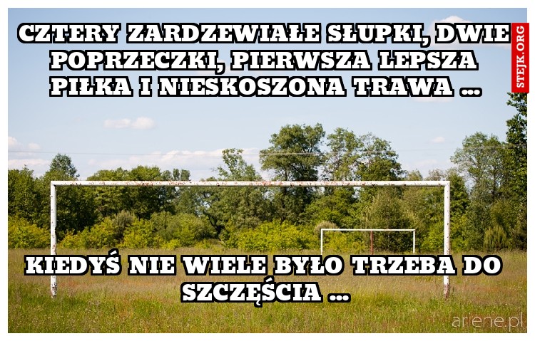 cztery zardzewiałe słupki, dwie poprzeczki, pierwsza lepsza piłka i nieskoszona trawa ...