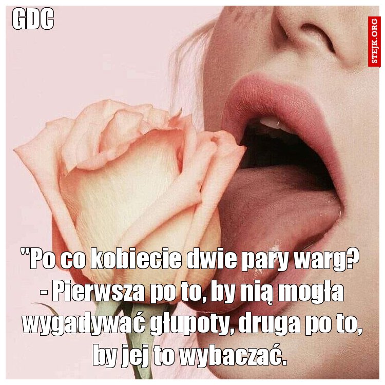 "Po co kobiecie dwie pary warg?  - Pierwsza po to, by nią mogła wygadywać głupoty, druga po to, by jej to wybaczać. 