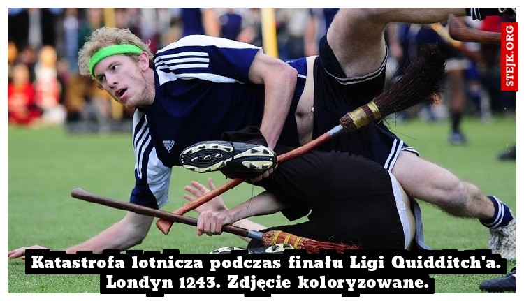 Katastrofa lotnicza podczas finału Ligi Quidditch'a. Londyn 1243. Zdjęcie koloryzowane.
