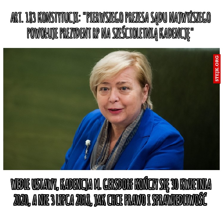 Art. 183 konstytucji: "Pierwszego prezesa Sądu Najwyższego powołuje prezydent RP na sześcioletnią kadencję"