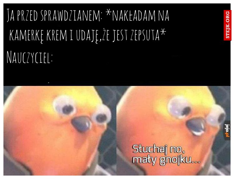 Ja przed sprawdzianem: *nakładam na kamerkę krem i udaję,że jest zepsuta*