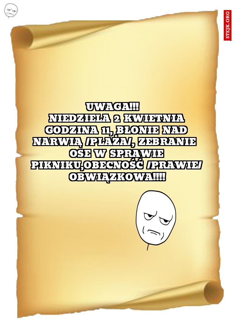               UWAGA!!!                  Niedziela 2 kwietnia godzina 11, błonie nad Narwią /plaża/, zebranie  OSE w sprawie Pikniku,Obecność /prawie/ Obwiązkowa!!!!