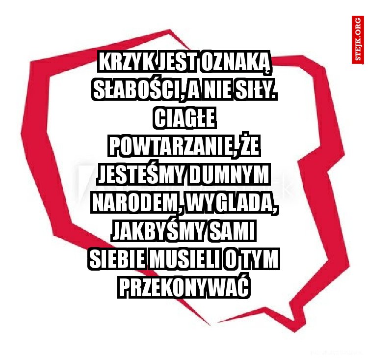 krzyk jest oznaką słabości, a nie siły. Ciagłe powtarzanie, że jesteśmy dumnym narodem, wyglada, jakbyśmy sami siebie musieli o tym przekonywać