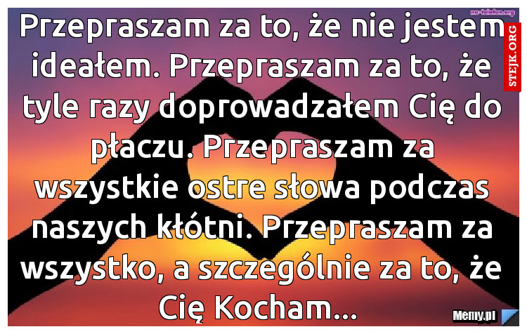 Przepraszam za to, że nie jestem ideałem. Przepraszam za to, że tyle razy doprowadzałem Cię do płaczu. Przepraszam za wszystkie ostre słowa podczas naszych kłótni. Przepraszam za wszystko, a szczególnie za to, że Cię Kocham... 