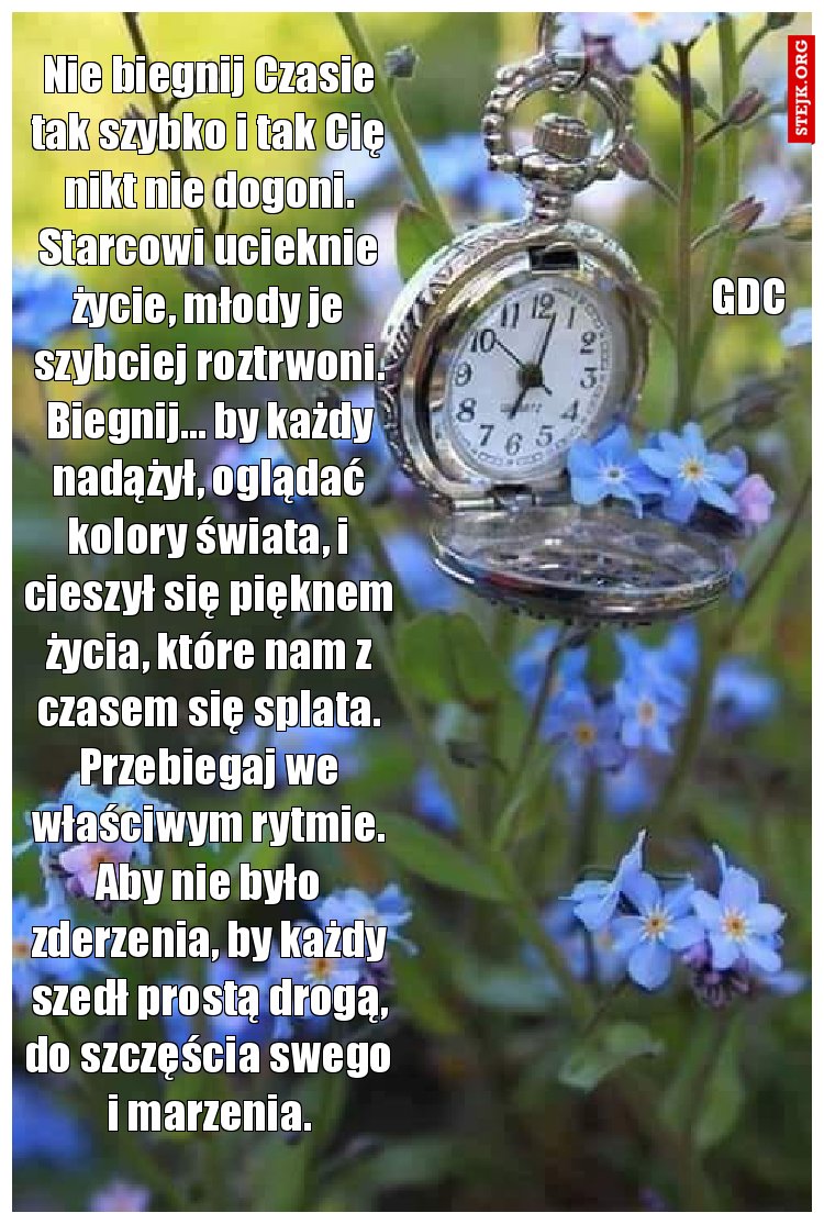 Nie biegnij Czasie tak szybko i tak Cię nikt nie dogoni. Starcowi ucieknie życie, młody je szybciej roztrwoni. Biegnij... by każdy nadążył, oglądać kolory świata, i cieszył się pięknem życia, które nam z czasem się splata. Przebiegaj we właściwym rytmie. Aby nie było zderzenia, by każdy szedł prostą drogą, do szczęścia swego i marzenia.