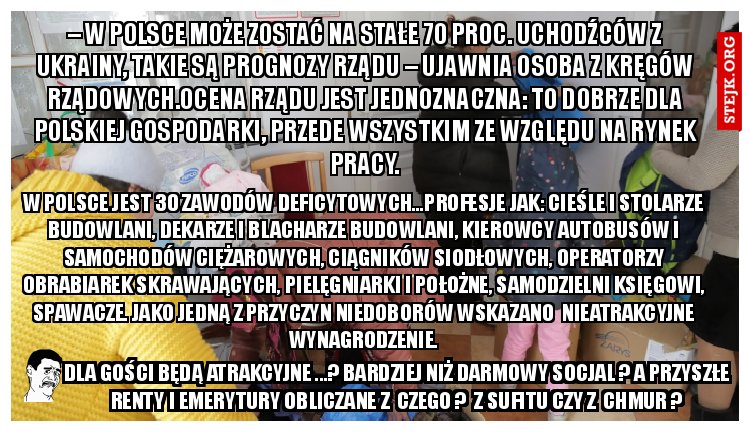 – W Polsce może zostać na stałe 70 proc. uchodźców z Ukrainy, takie są prognozy rządu – ujawnia osoba z kręgów rządowych.Ocena rządu jest jednoznaczna: to dobrze dla polskiej gospodarki, przede wszystkim ze względu na rynek pracy.