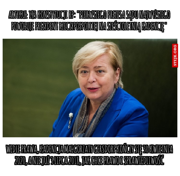 Artykuł 183 Konstytucji RP: "Pierwszego prezesa Sądu Najwyższego powołuje Prezydent Rzeczypospolitej na sześcioletnią kadencję"