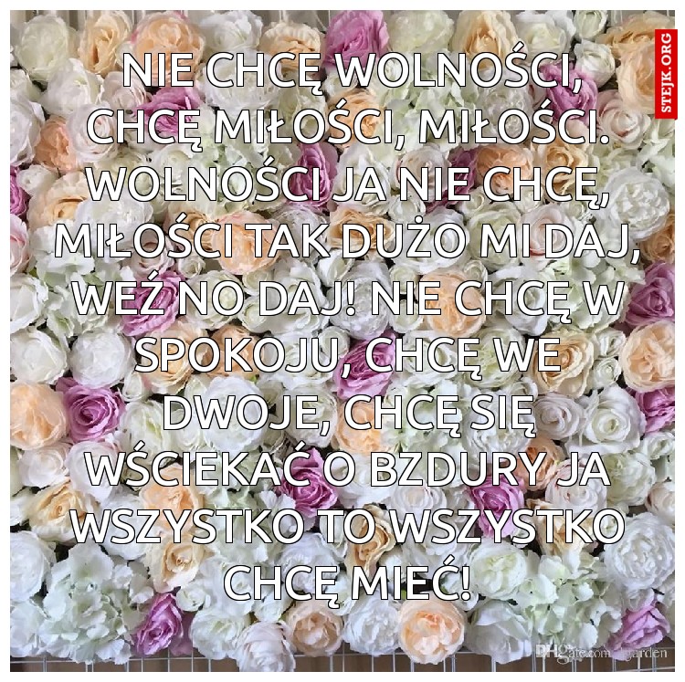  Nie chcę wolności, Chcę miłości, miłości. Wolności ja nie chcę, miłości tak dużo mi daj, weź no daj! Nie chcę w spokoju, Chcę we dwoje, Chcę się wściekać o bzdury ja wszystko to wszystko chcę mieć!