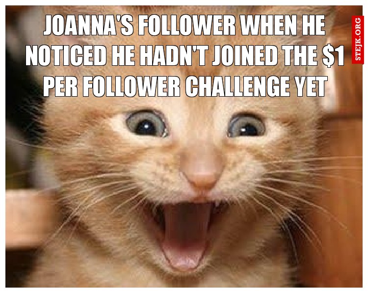Joanna's follower when he noticed he hadn't joined the $1 per follower challenge yet