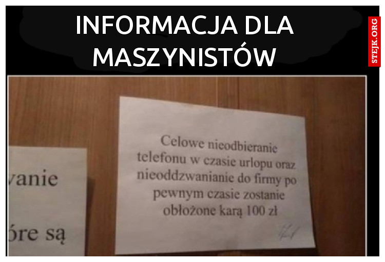 INFORMACJA DLA MASZYNISTÓW