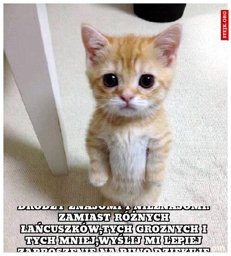 Drodzy znajomi i nieznajomi! Zamiast różnych łańcuszków,tych groznych i tych mniej,wyślij mi lepiej zaproszenie na piwo.Dziękuję.