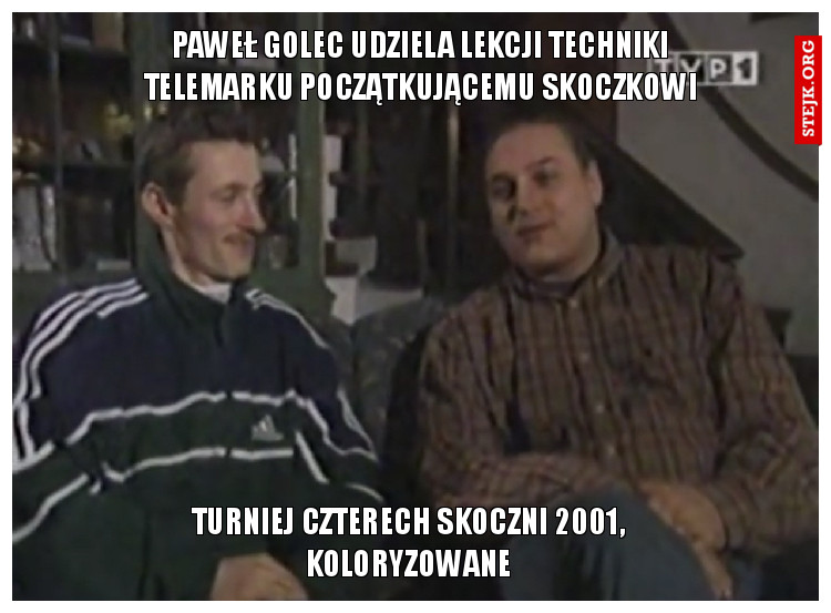 Paweł Golec udziela lekcji techniki telemarku początkującemu skoczkowi