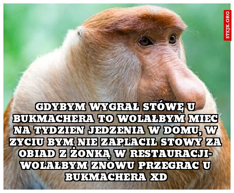 Gdybym wygrał stówę u bukmachera to wolałbym miec na tydzien jedzenia w domu, w zyciu bym nie zaplacil stowy za obiad z żonką w restauracji- wolałbym znowu przegrac u bukmachera xD