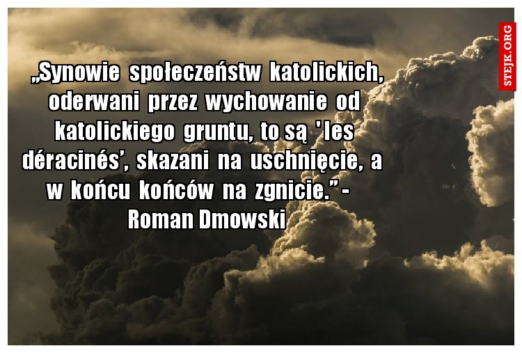 „Synowie  społeczeństw  katolickich, oderwani  przez  wychowanie  od  katolickiego  gruntu,  to są  ' les  déracinés’,  skazani  na  uschnięcie,  a   w  końcu  końców  na  zgnicie.” -     Roman Dmowski