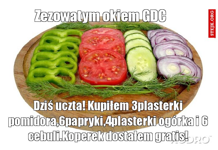 Dziś uczta! Kupiłem 3plasterki pomidora,6papryki,4plasterki ogórka i 6 cebuli.Koperek dostałem gratis!