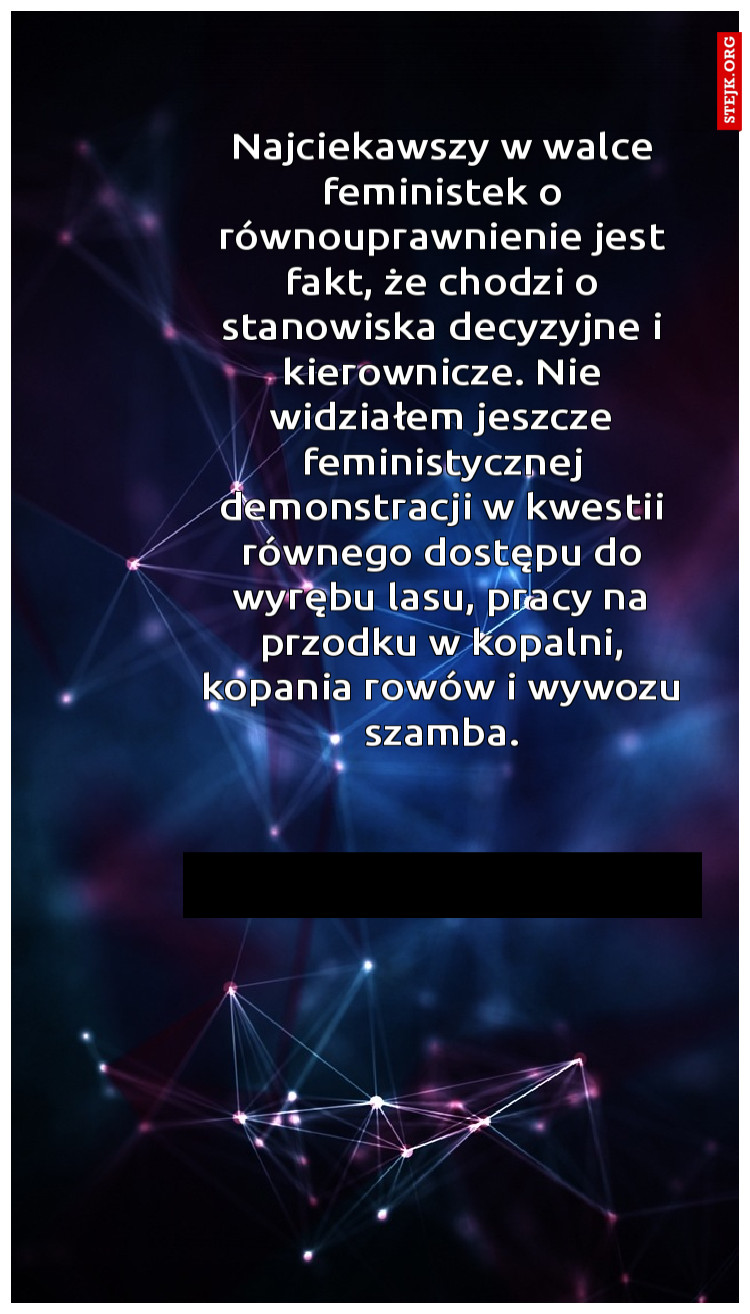 Najciekawszy w walce feministek o równouprawnienie jest fakt, że chodzi o stanowiska decyzyjne i kierownicze. Nie widziałem jeszcze feministycznej demonstracji w kwestii równego dostępu do wyrębu lasu, pracy na przodku w kopalni, kopania rowów i wywozu szamba.