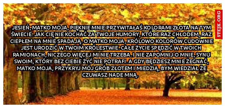Jesień, Matko moja, pięknie mnie przywitałaś kolorami złota na tym świecie. Jak cię nie kochać za twoje humory, które raz chłodem, raz ciepłem na mnie spadają. O Matko moja, królowo kolorów cudownie jest urodzić w twoim królestwie. Całe życie spędzić w twoich ramionach, niczego więcej mi nie trzeba. I nie zapomnij o mnie, synu swoim, który bez ciebie żyć nie potrafi. A gdy będziesz mnie żegnać, Matko moja, przykryj mój grób złotem i miedzią, bym wiedział że czuwasz nade mną.  