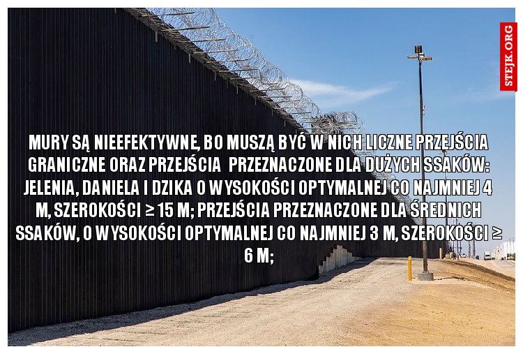Mury są nieefektywne, bo muszą być w nich LICZNE PRZEJŚCIA GRANICZNE ORAZ przejścia  przeznaczone dla dużych ssaków: jelenia, daniela i dzika o wysokości optymalnej co najmniej 4 m, szerokości ≥ 15 m; przejścia przeznaczone dla średnich ssaków, o wysokości optymalnej co najmniej 3 m, szerokości ≥ 6 m;
