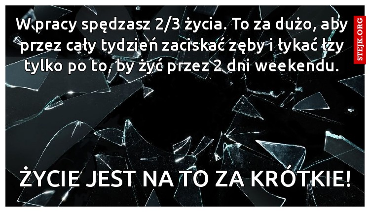 W pracy spędzasz 2/3 życia. To za dużo, aby przez cały tydzień zaciskać zęby i łykać łzy tylko po to, by żyć przez 2 dni weekendu.