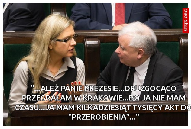"...ależ panie prezesie...druzgocąco przegrałam w Krakowie...bo ja nie mam czasu...ja mam kilkadziesiąt tysięcy akt do "przerobienia"..."