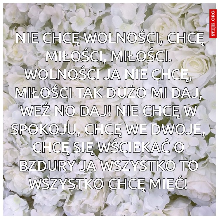  Nie chcę wolności, Chcę miłości, miłości. Wolności ja nie chcę, miłości tak dużo mi daj, weź no daj! Nie chcę w spokoju, Chcę we dwoje, Chcę się wściekać o bzdury ja wszystko to wszystko chcę mieć!