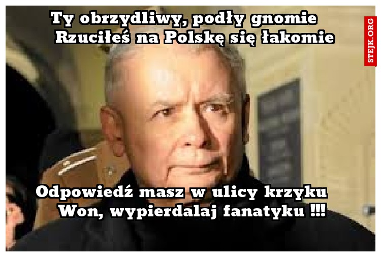 Ty obrzydliwy, podły gnomie    Rzuciłeś na Polskę się łakomie