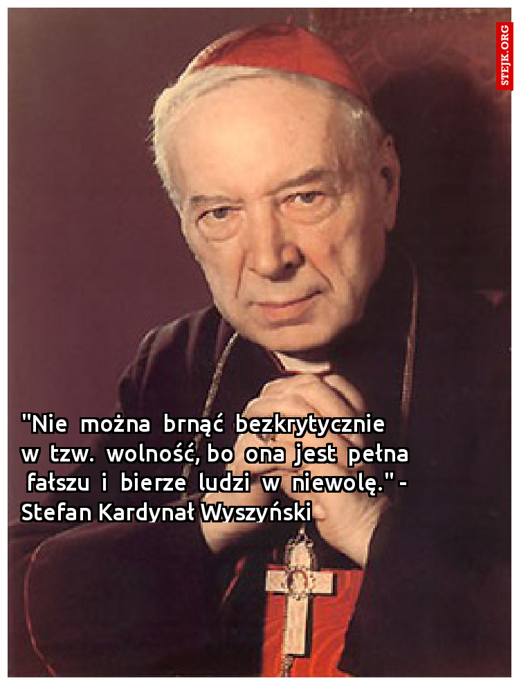 "Nie  można  brnąć  bezkrytycznie  w  tzw.  wolność, bo  ona  jest  pełna  fałszu  i  bierze  ludzi  w  niewolę." - Stefan Kardynał Wyszyński