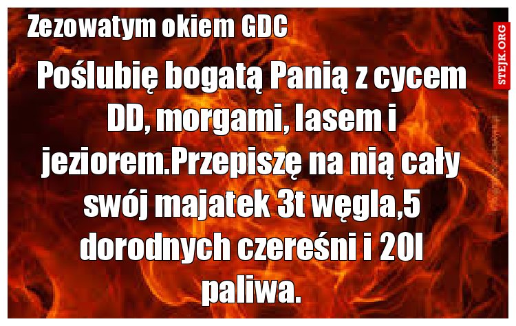 Poślubię bogatą Panią z cycem DD, morgami, lasem i jeziorem.Przepiszę na nią cały swój majatek 3t węgla,5 dorodnych czereśni i 20l paliwa.